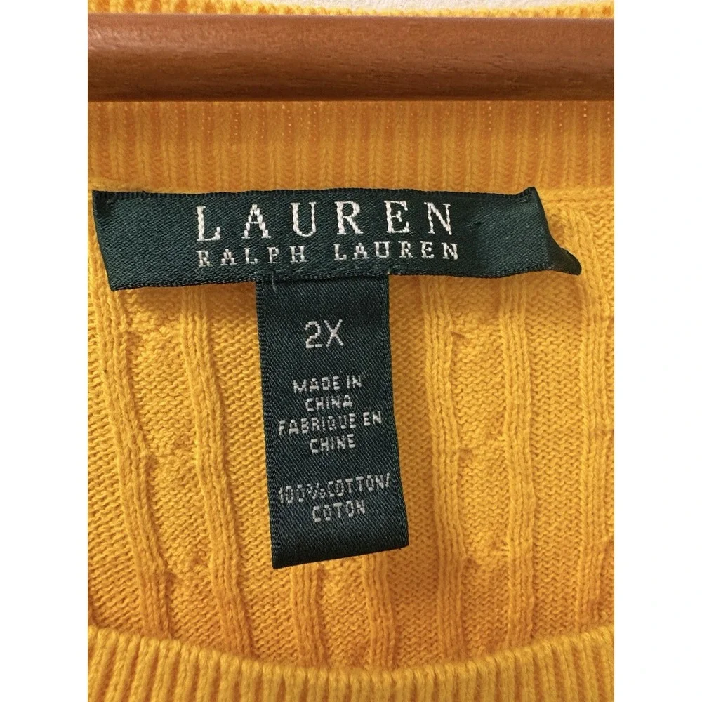 Ralph Lauren Cable Mustard Knit Sweater Sz 2X LRL 100% Button Detail Vintage